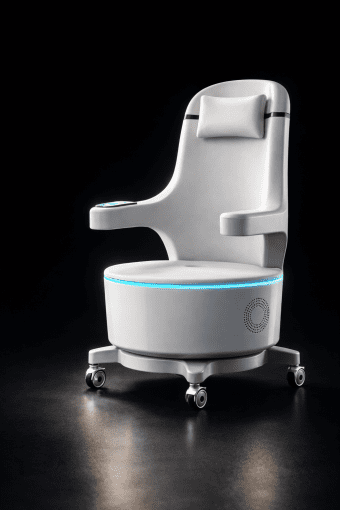 EMS Incontinence Plus premium EMS stol för urininkontinens i exklusiv mörk hero-miljö med turkos LED och silverdetaljer